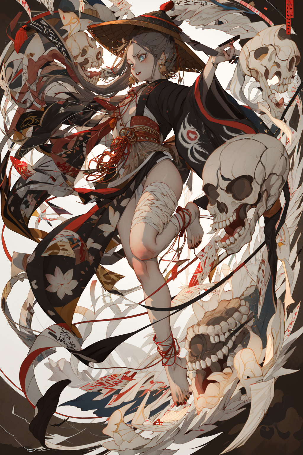 20246-3360389008--ghost nocturnal, 1girl, barefoot, long hair, solo, hat, blue eyes, jewelry, ofuda, black nails, skull, bandages, earrings, toen.png